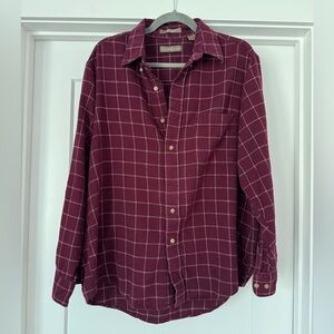Vintage Burgundy Windowpane Flannel Button-Up Shirt - 100% cotton